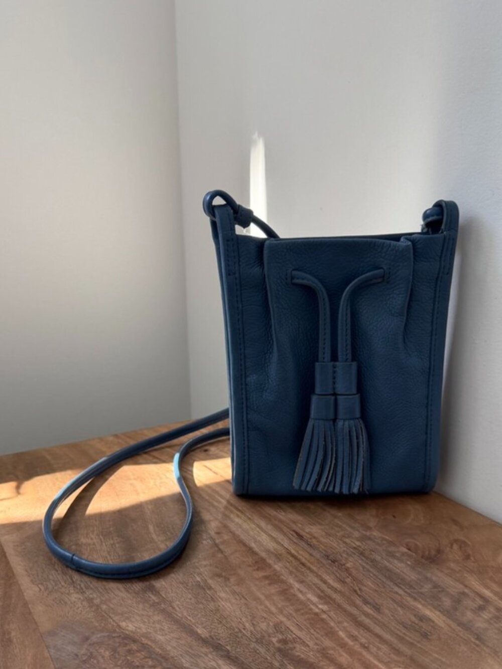 FOSSIL Claire Small Drawstring Blue Pebbled Leather Crossbody Bag